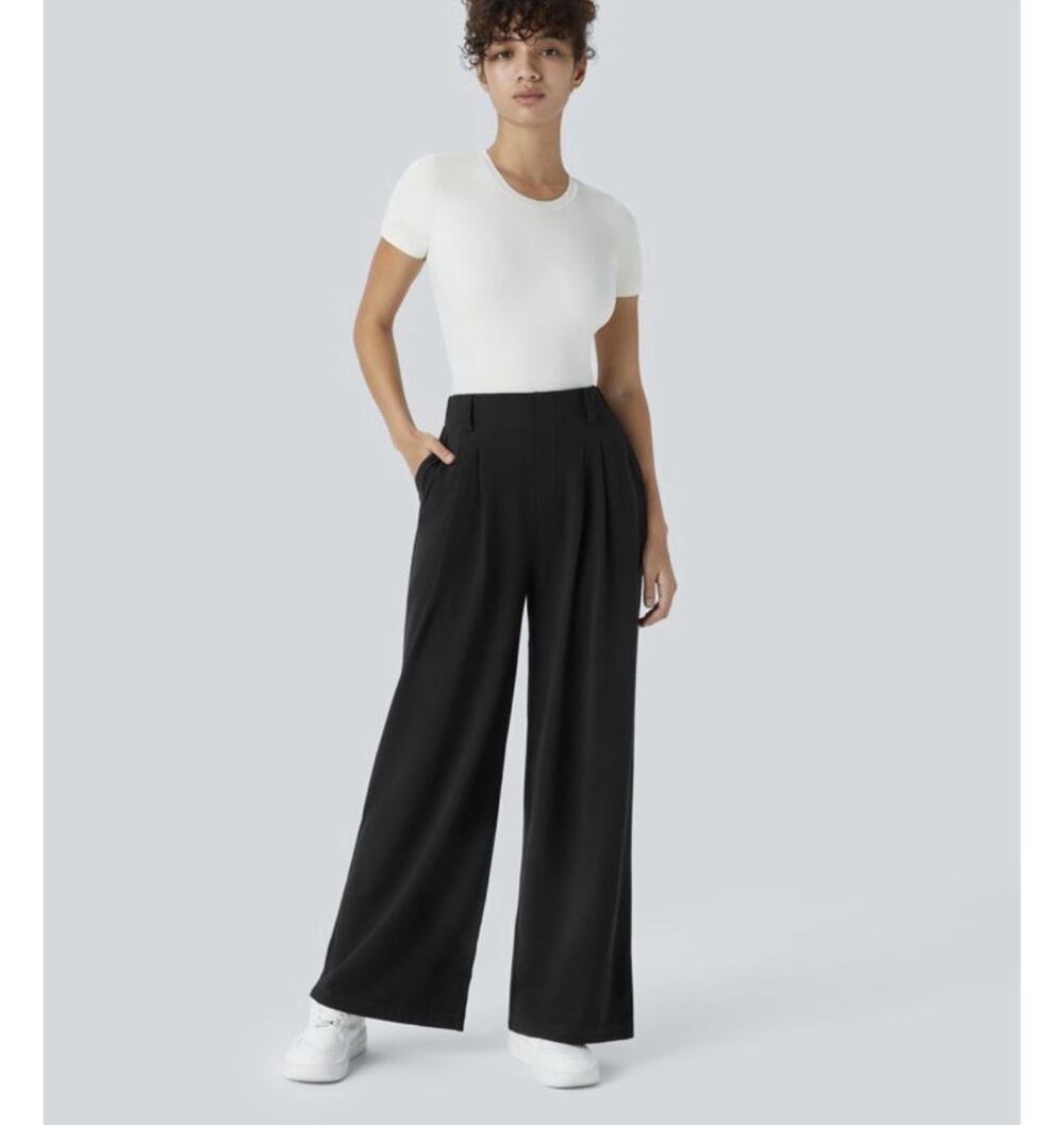 Halara Flex High Waisted Pocket Wide Leg Waffle Work Pants Black Size XL Regular